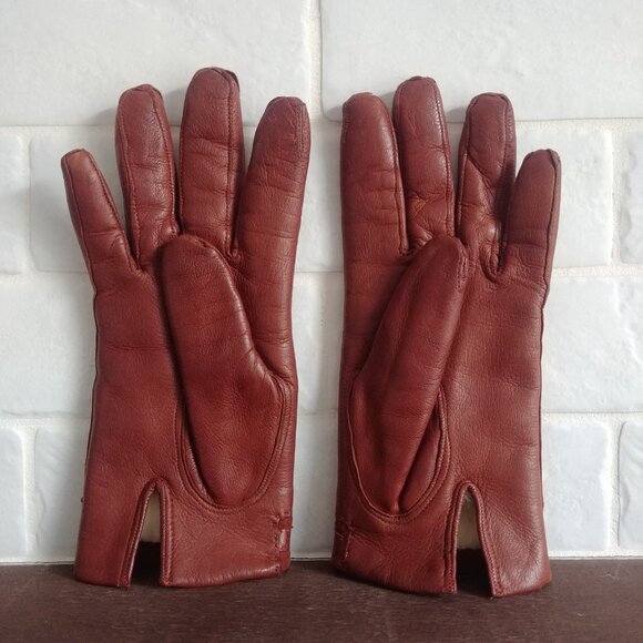 Vintage made in Italy lambskin leather rabbit fur lining brown warm gloves 7 1/2 - Picture 4 of 12